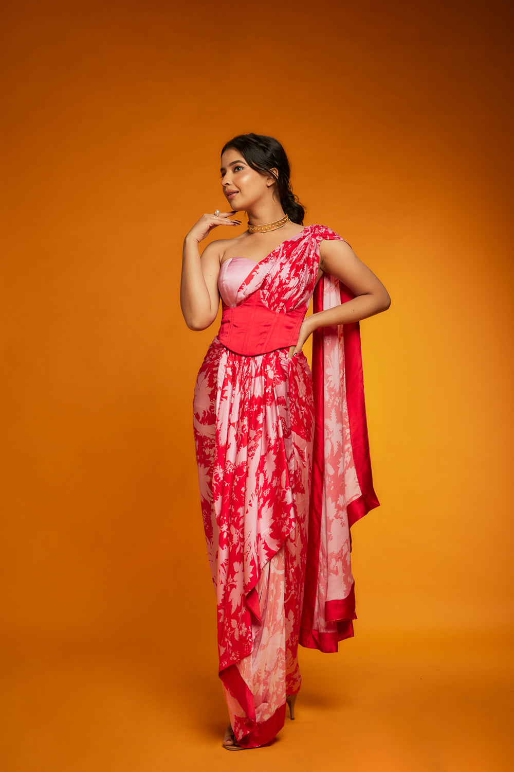 Red & Pink Satin Silk Draped Saree Set