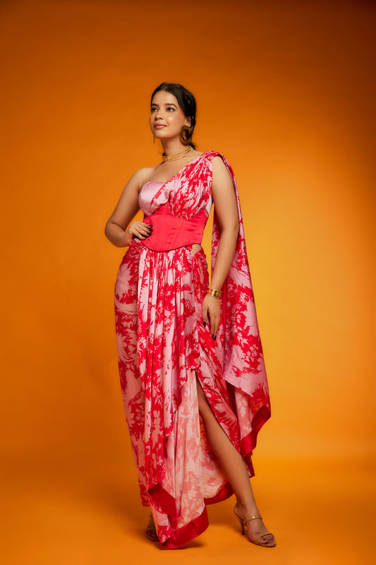 Red & Pink Satin Silk Draped Saree Set
