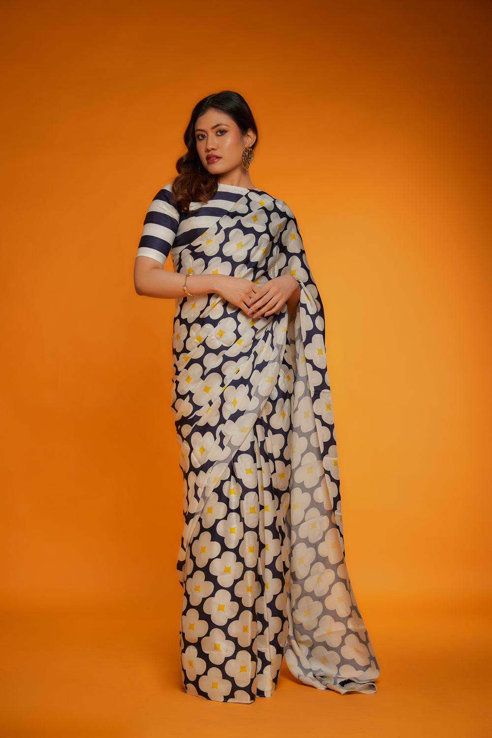 Blue & White Satin Silk Floral Printed Saree Set