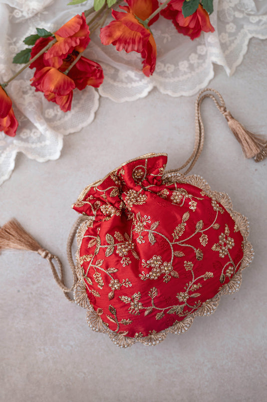 Red Embroidered Pearl Potli Bag