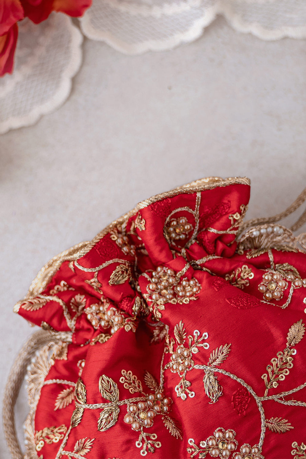 Red Embroidered Pearl Potli Bag