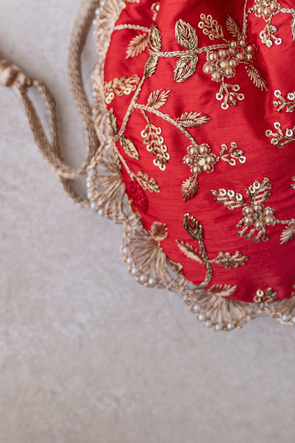 Red Embroidered Pearl Potli Bag