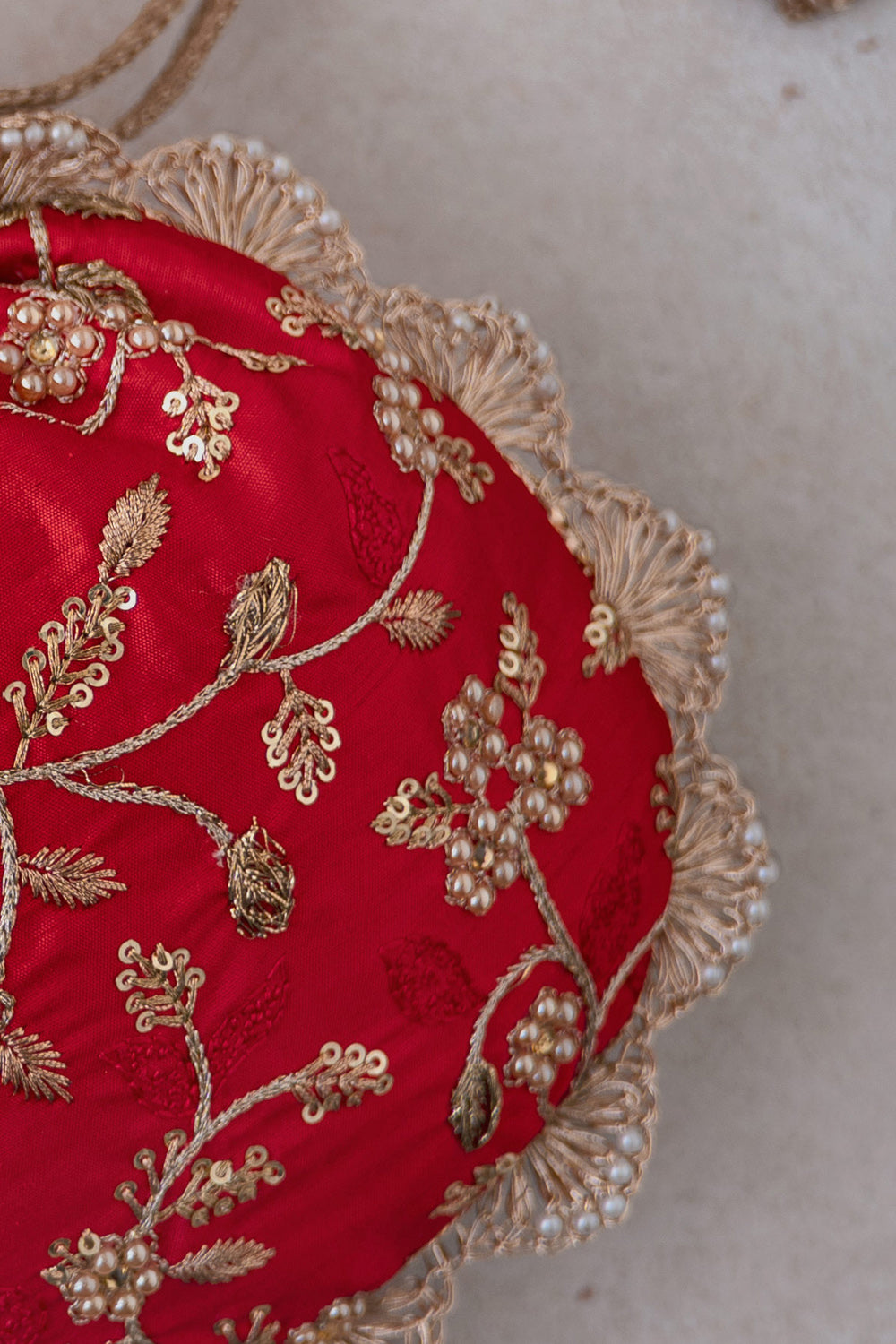 Red Embroidered Pearl Potli Bag