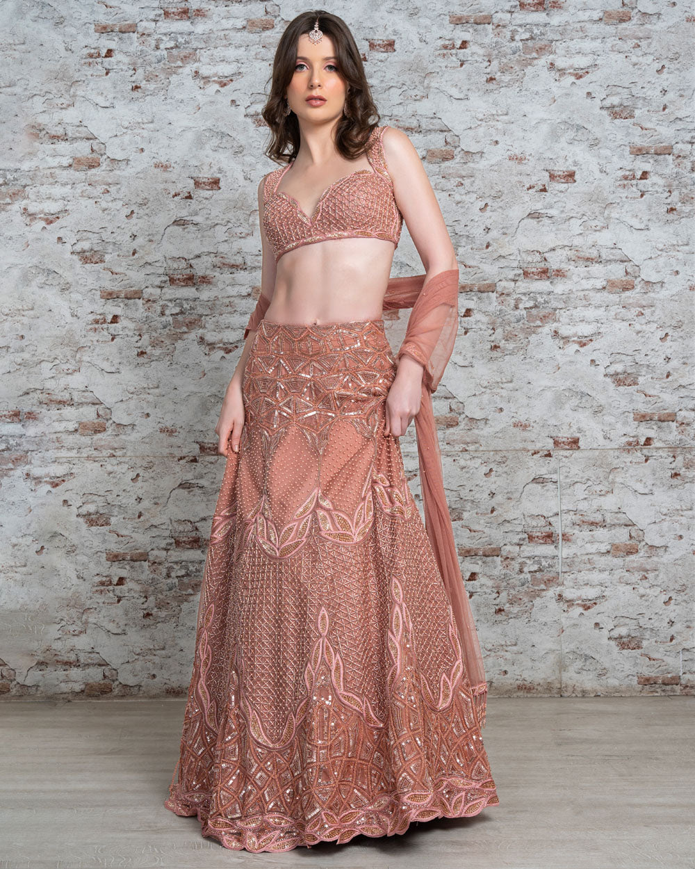 Pearl Embroidered Lehenga with Bustier and Dupatta