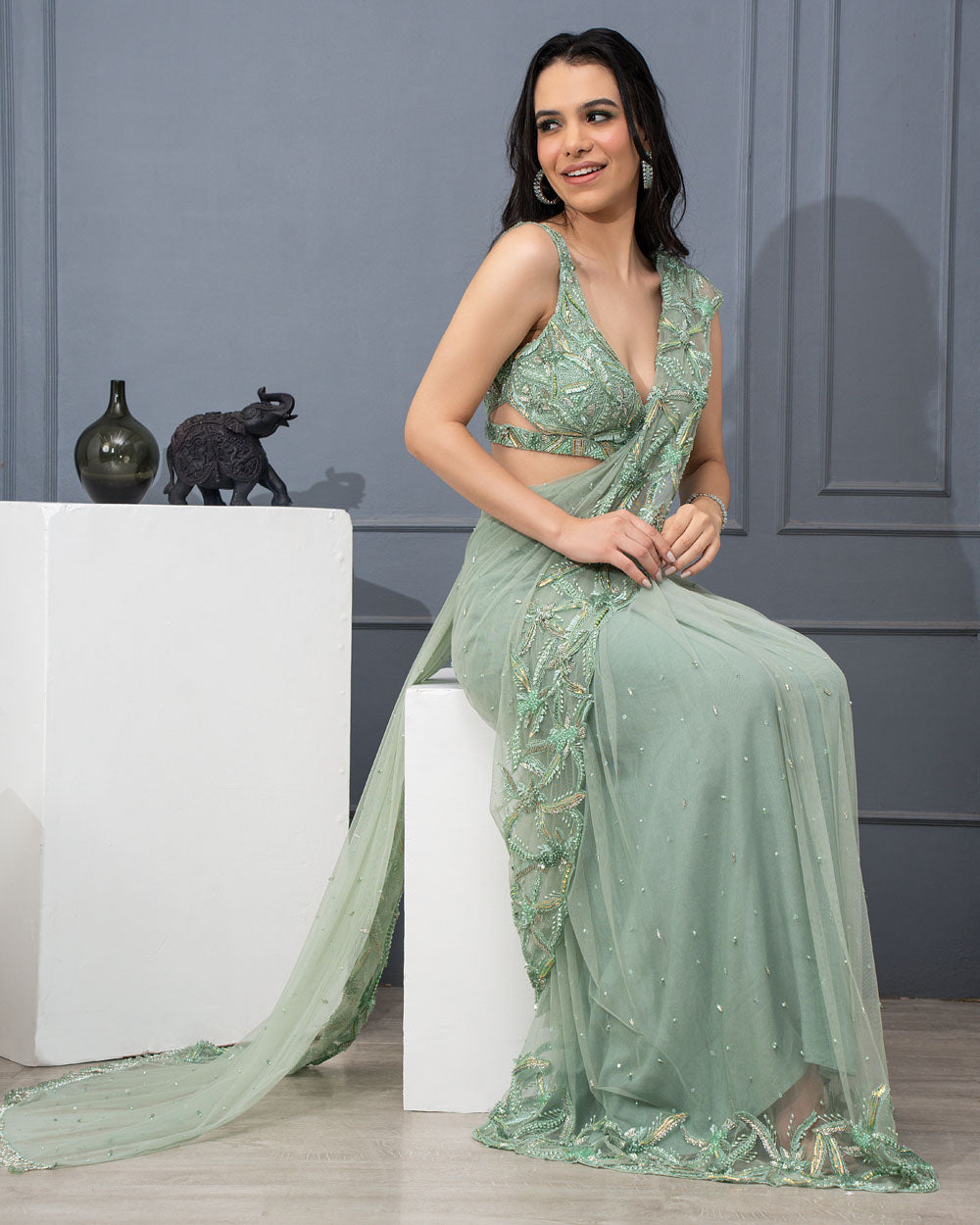 Stunning Teal Satin Silk Pre-Draped Saree with Designer Blouse - Exqui