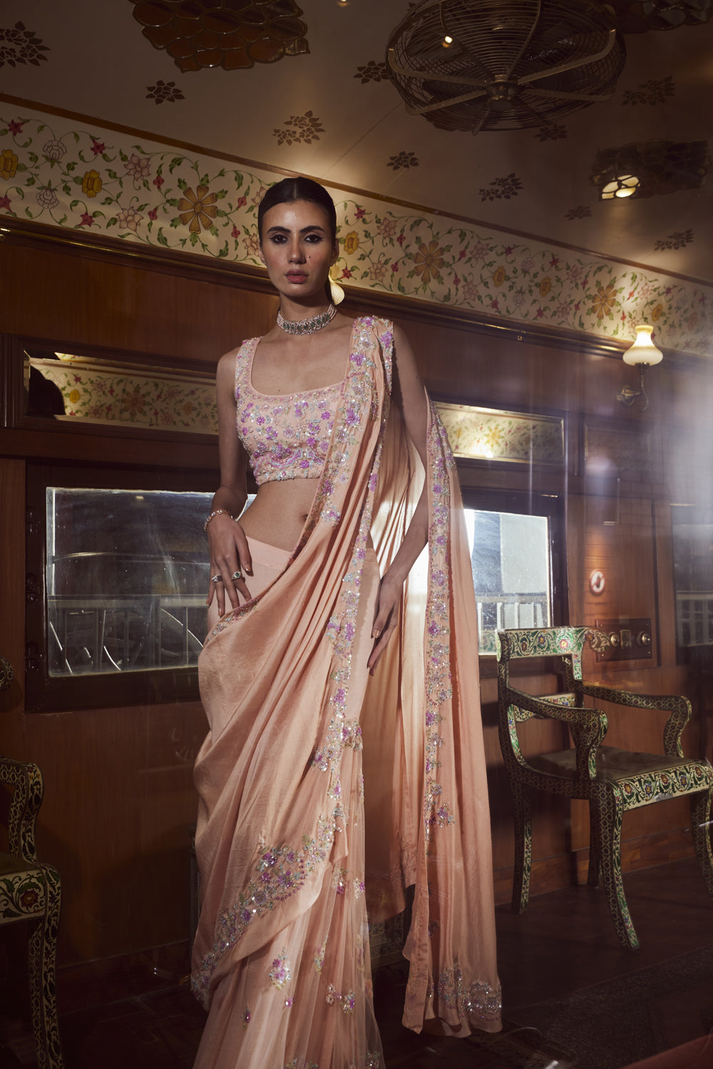 Peach Embroidery Drape Sharara Set