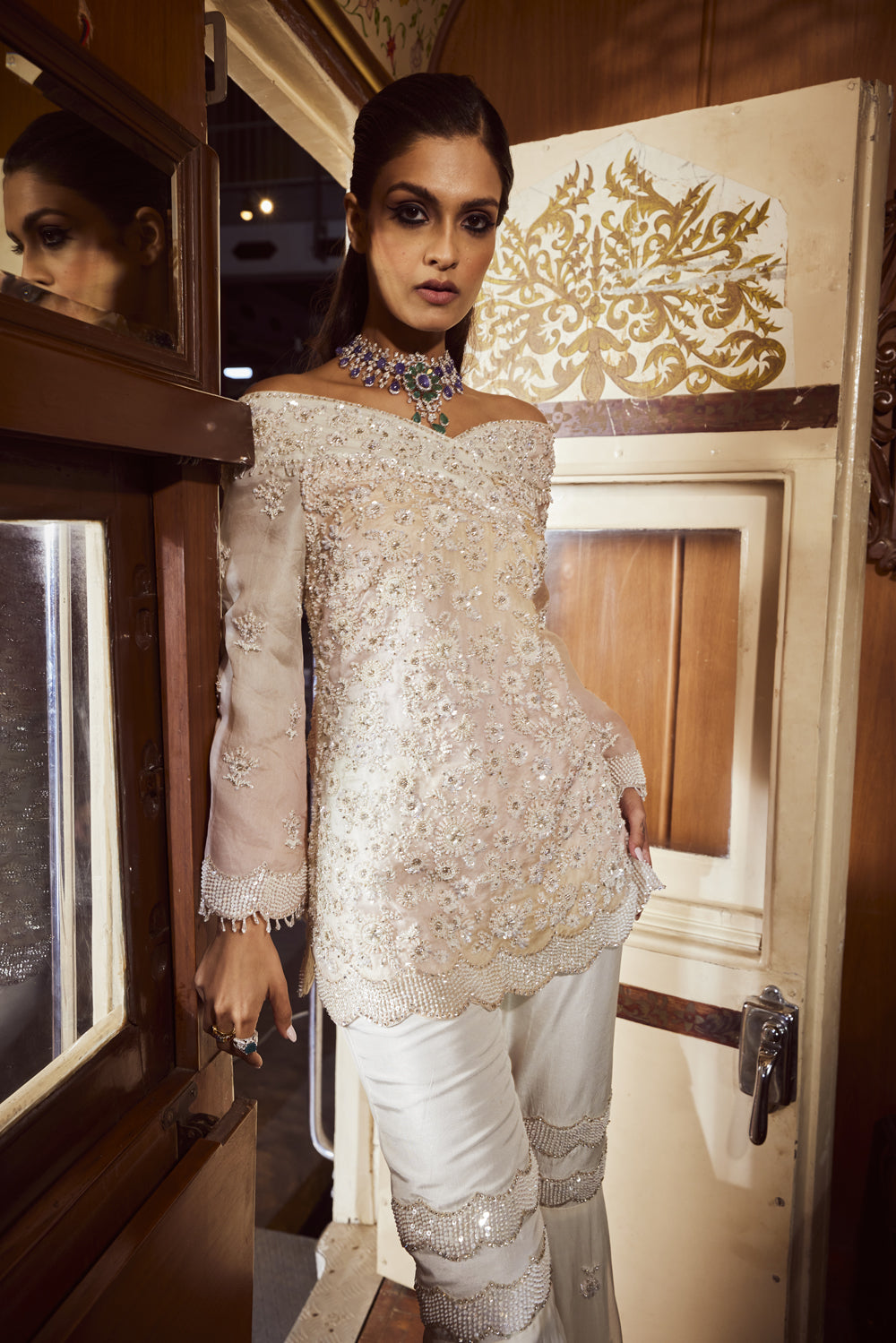 Ivory Off Shoulder Embroidery Sharara Set