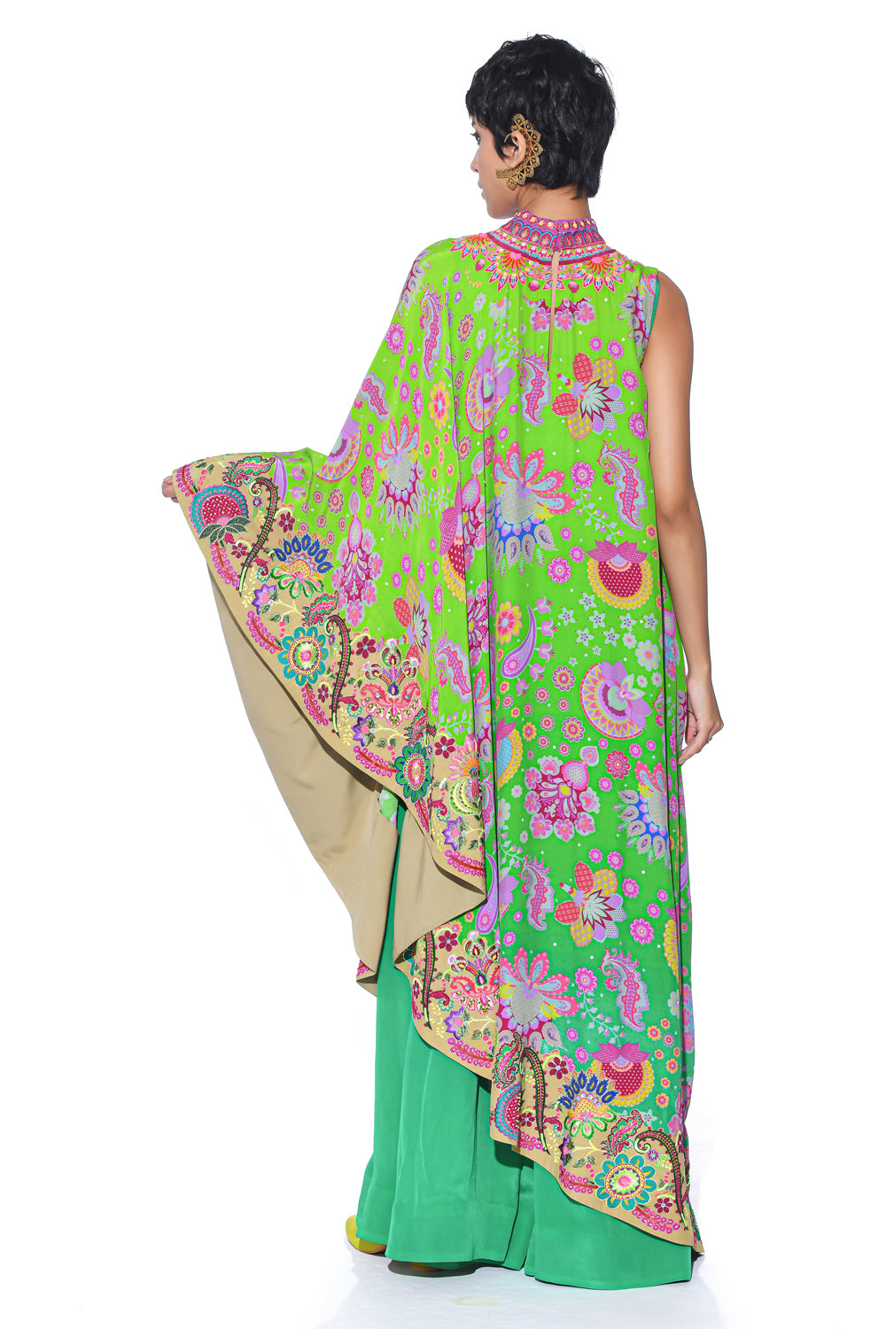 Neon Green Embroidered One Shoulder Dress And Jumpsuit