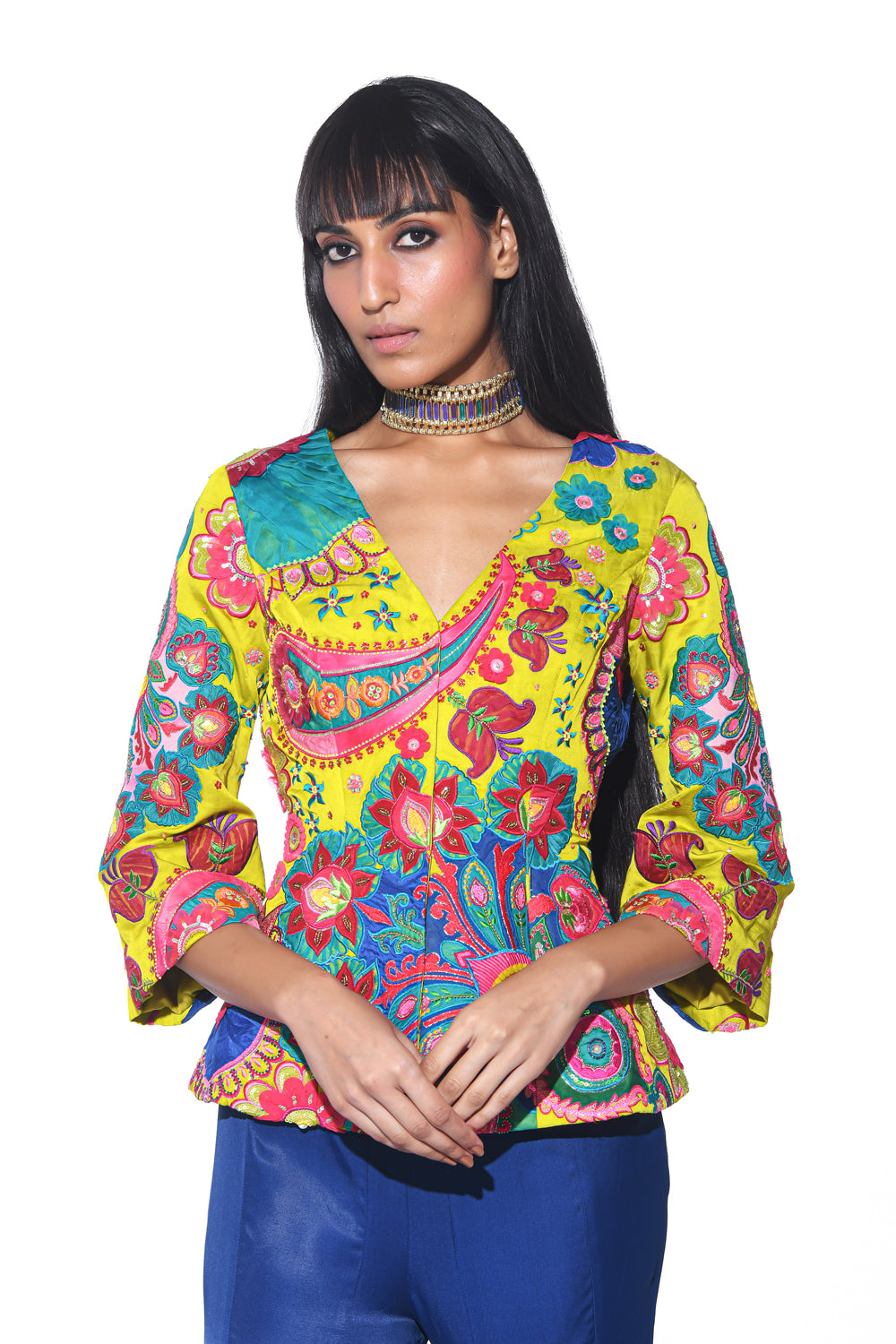 Lime Yellow 3D Embroidery, Peplum Top Sharara Set