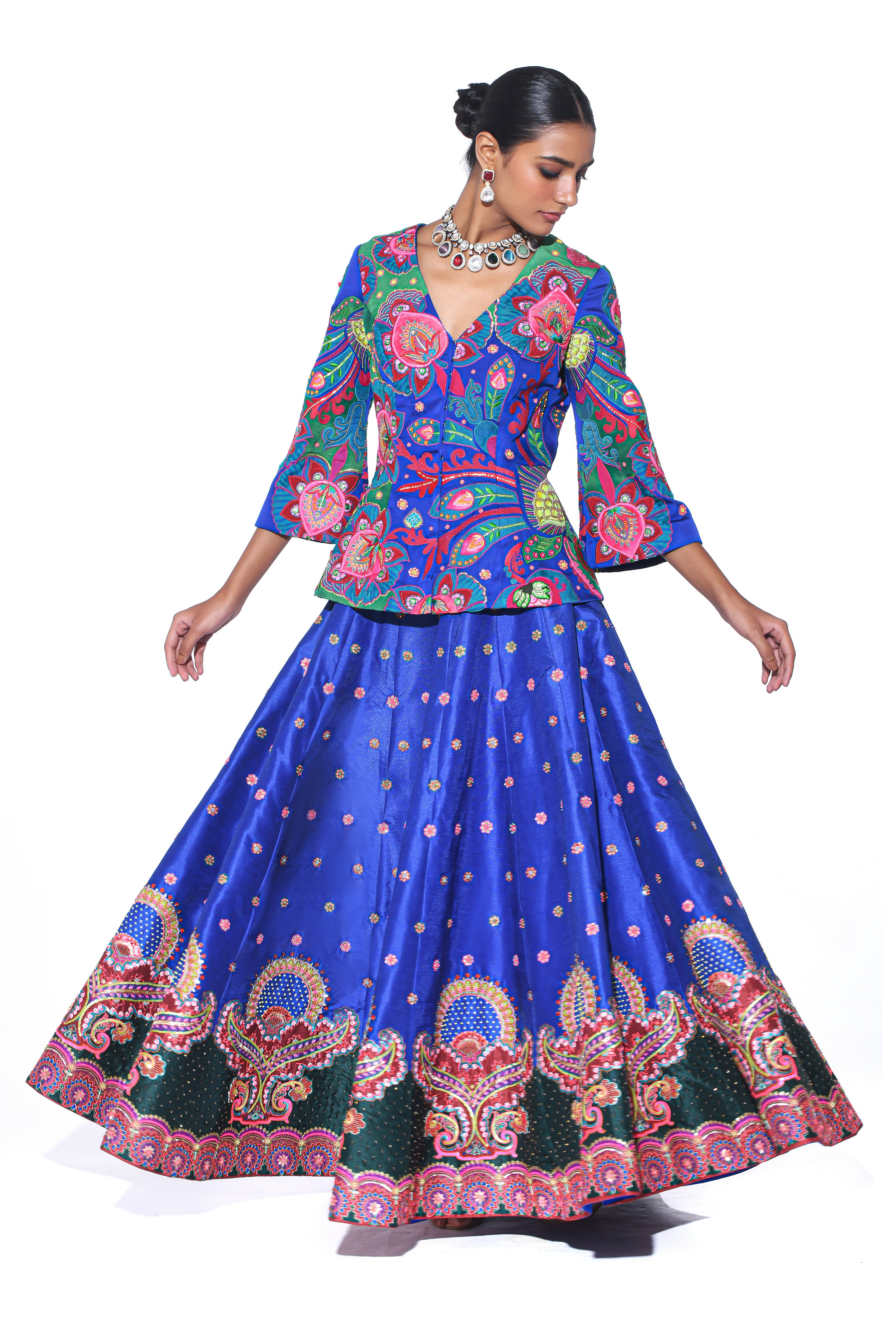 Blue Coloured Embellished Mirror Work Ready to Wear Lehenga & Peplum B –  Betty Ethnic India