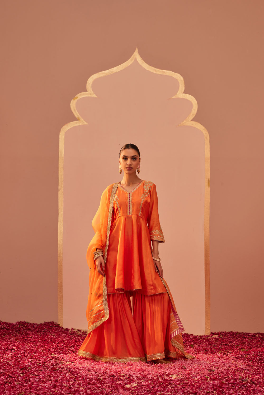 Orange Peplum Kurta Sharara Set