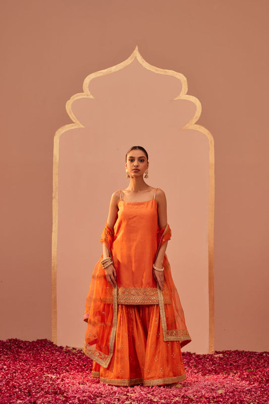Orange Strappy Kurta Sharara Set