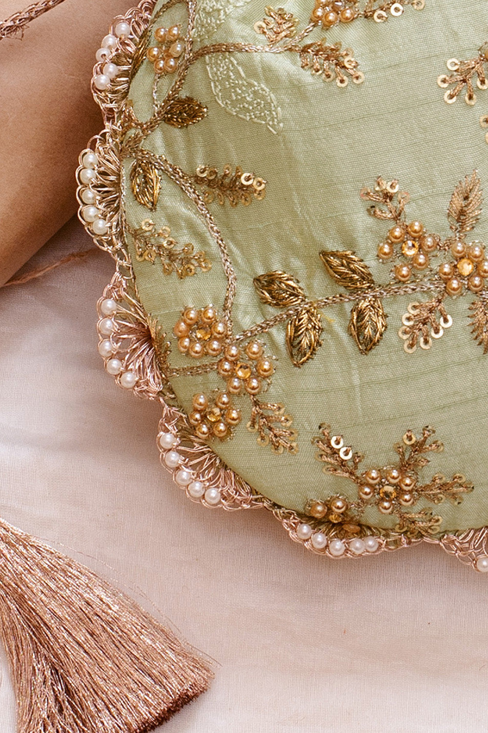 Sage Pearl Embroidered Potli