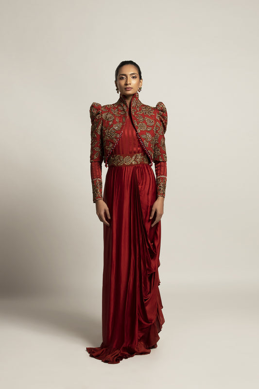 Elysian Maroon Draped Gown With Jacket