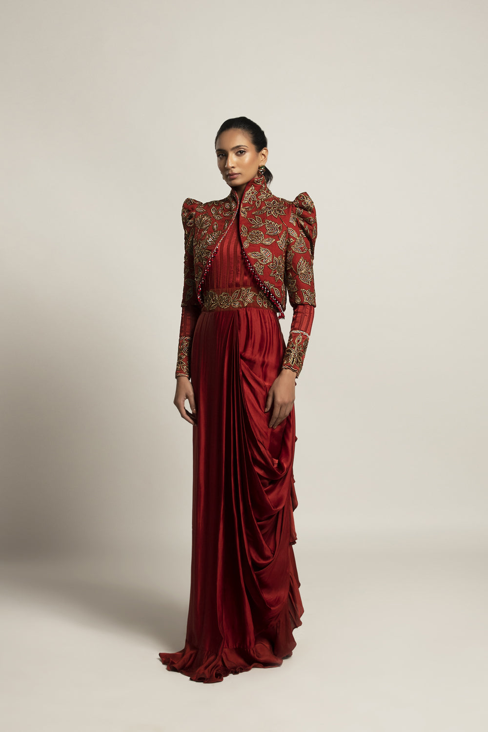 Elysian Maroon Draped Gown With Jacket