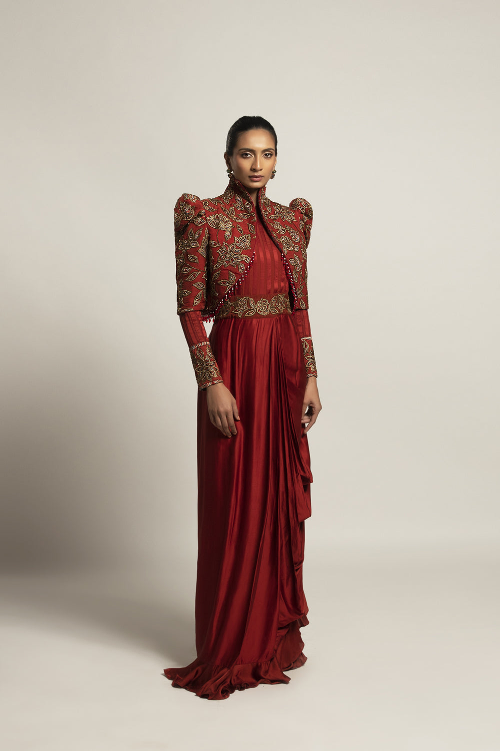 Elysian Maroon Draped Gown With Jacket