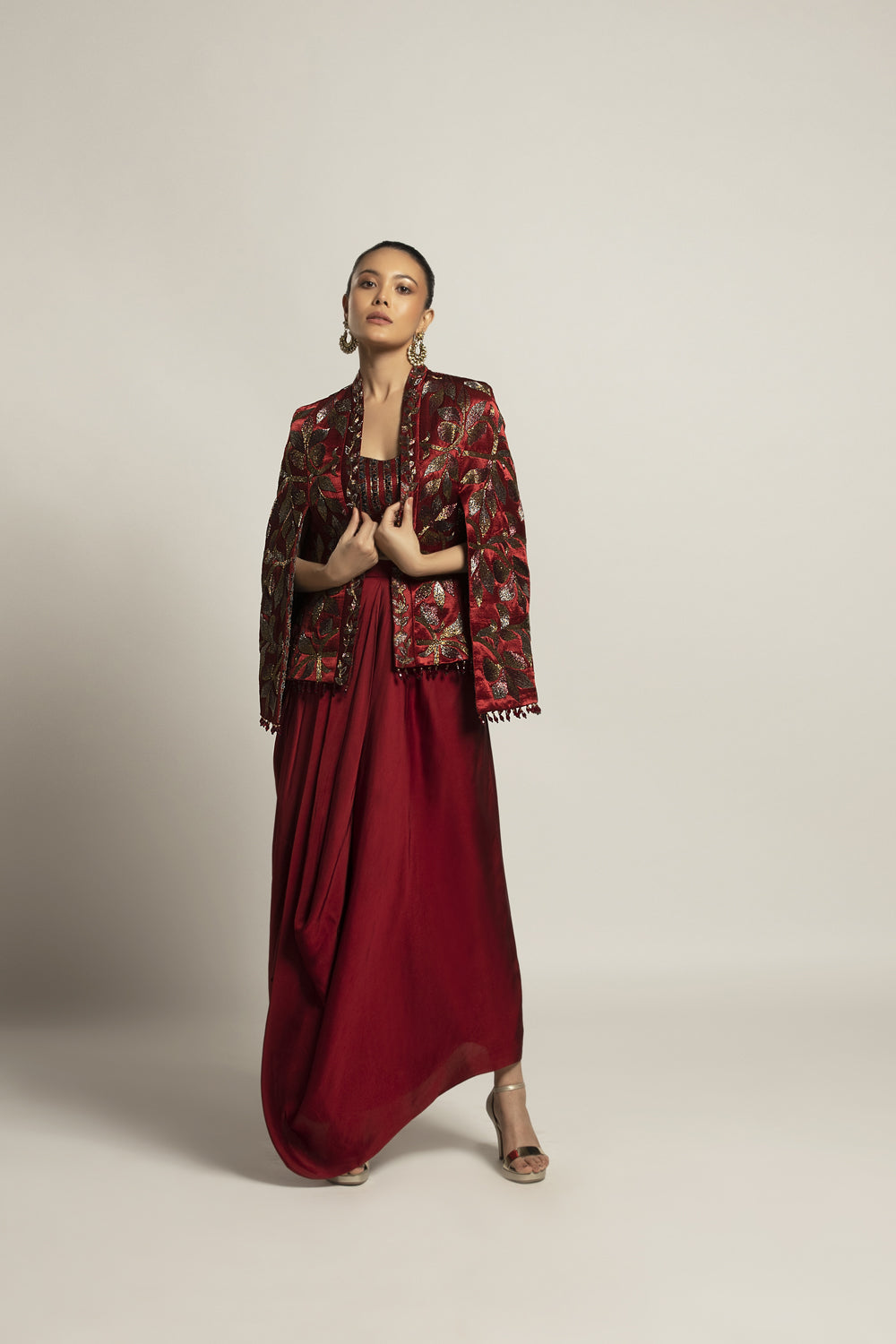 Rheia Maroon Co-Ord Set With Cape Jacket