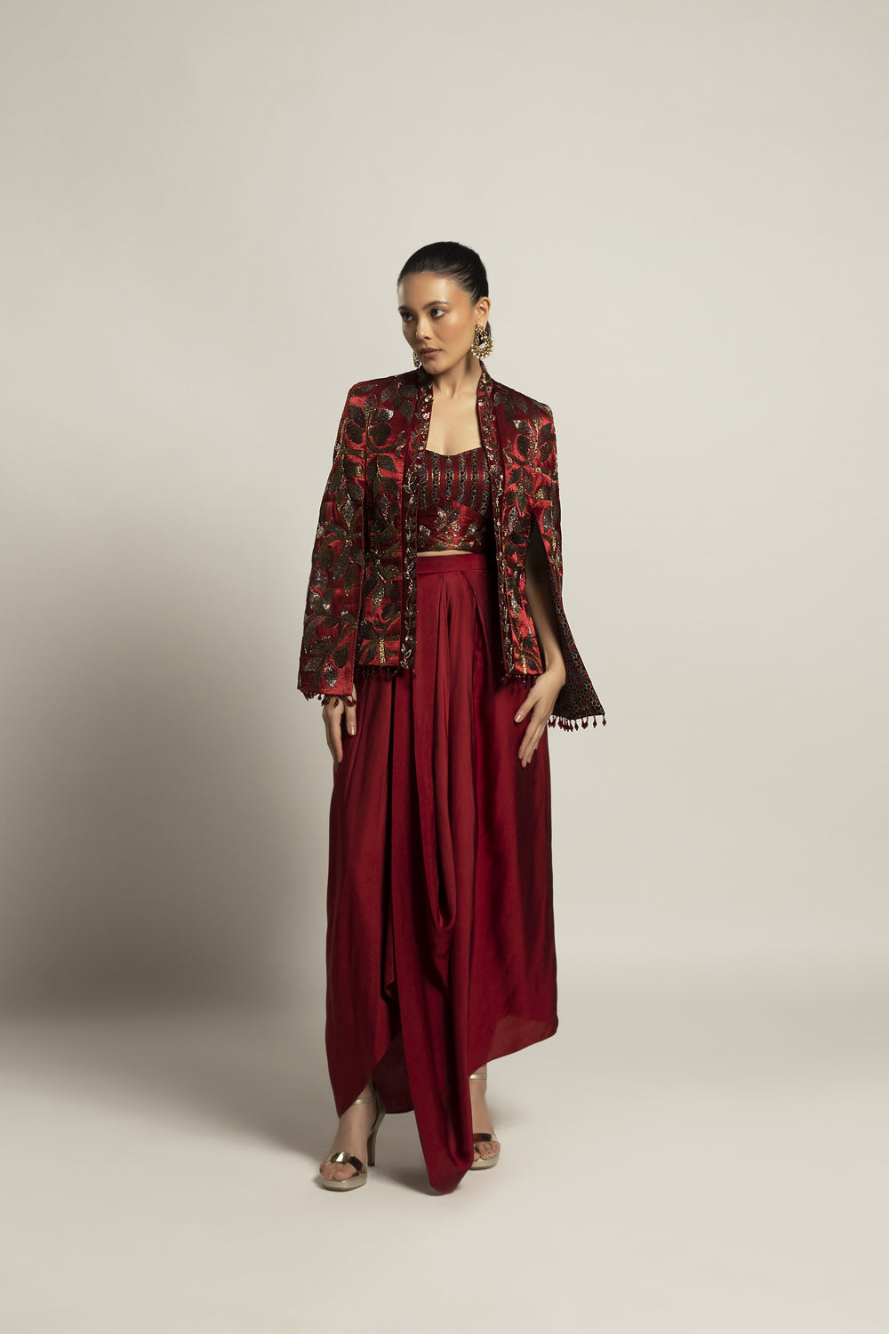 Rheia Maroon Co-Ord Set With Cape Jacket