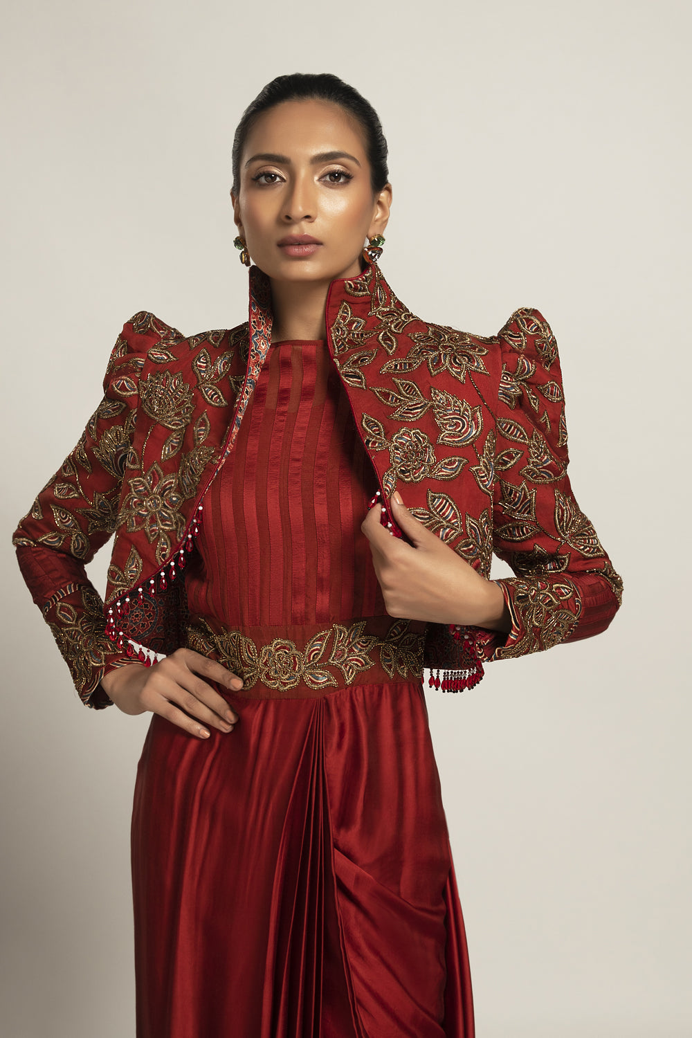 Elysian Maroon Draped Gown With Jacket