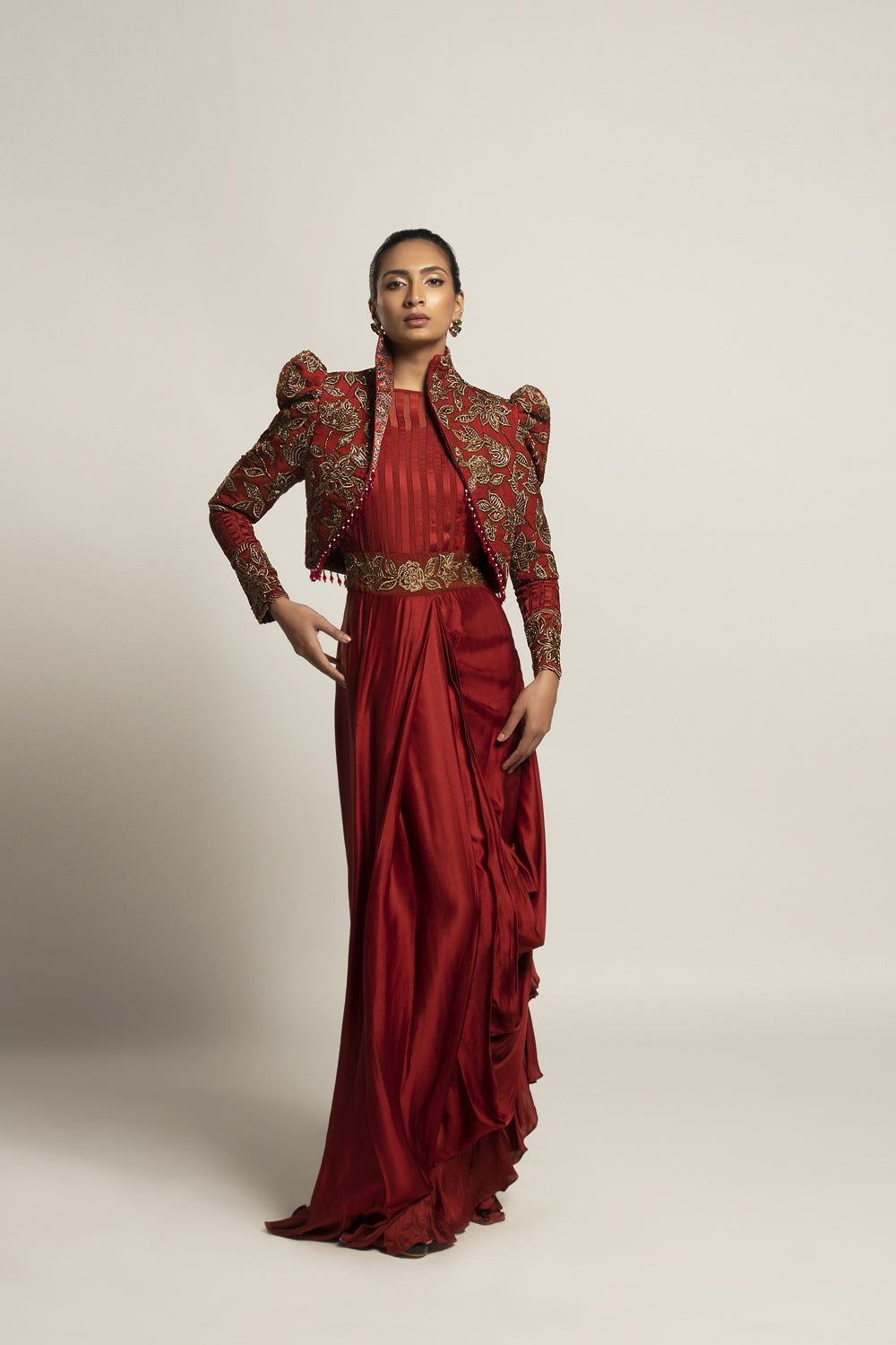 Elysian Maroon Draped Gown With Jacket