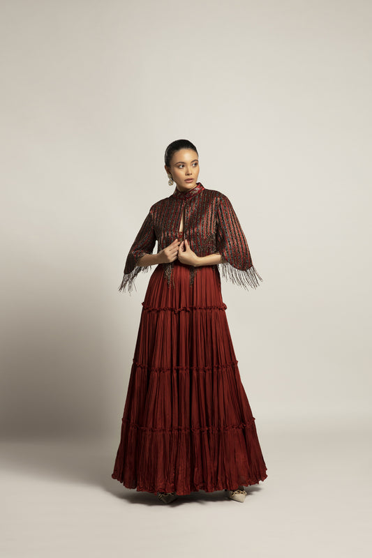 Bonza Maroon Tiered Dress With Cape Jacket