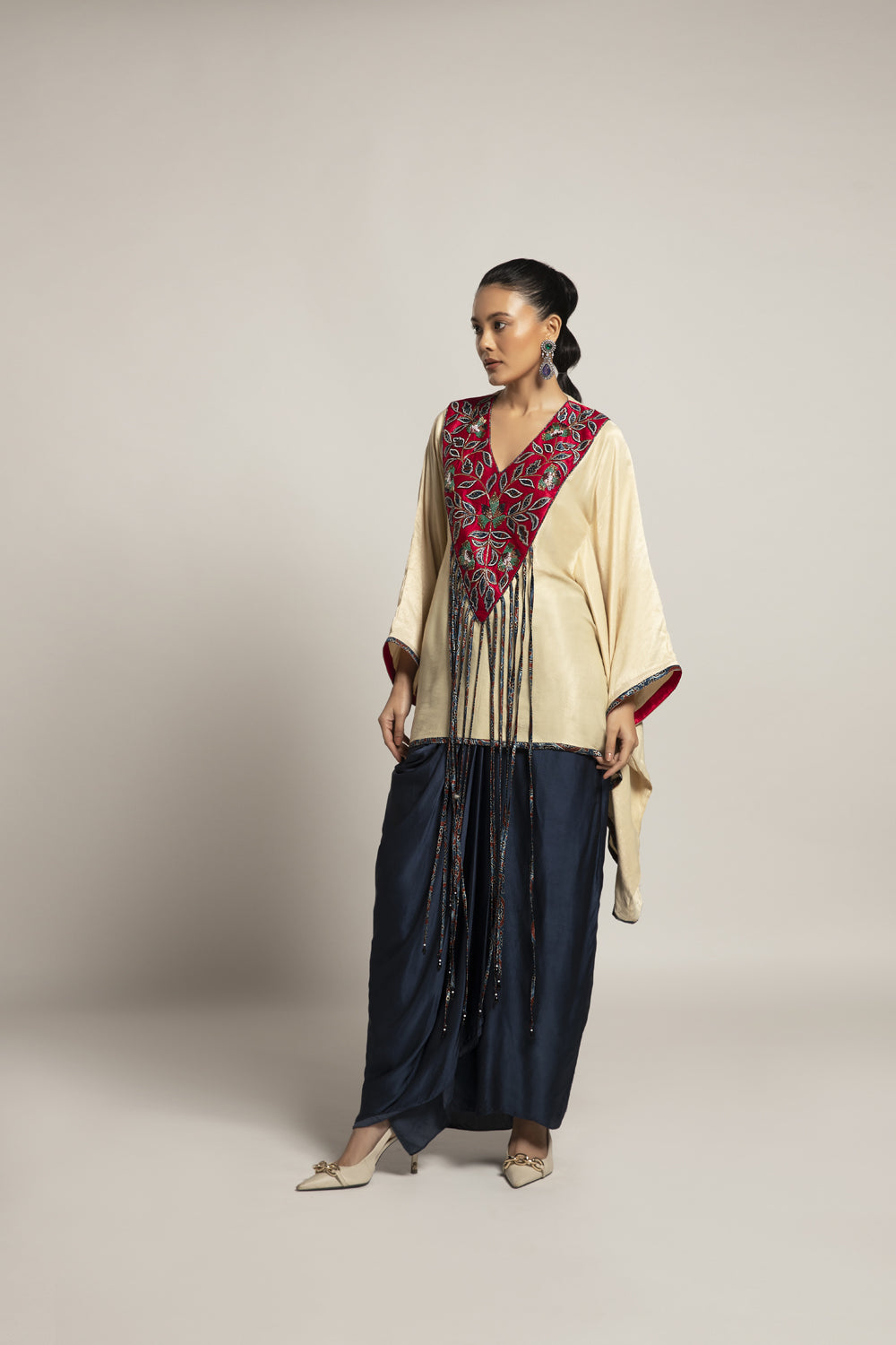 Ahami Beige Kaaftan With Navy Blue Drape Skirt