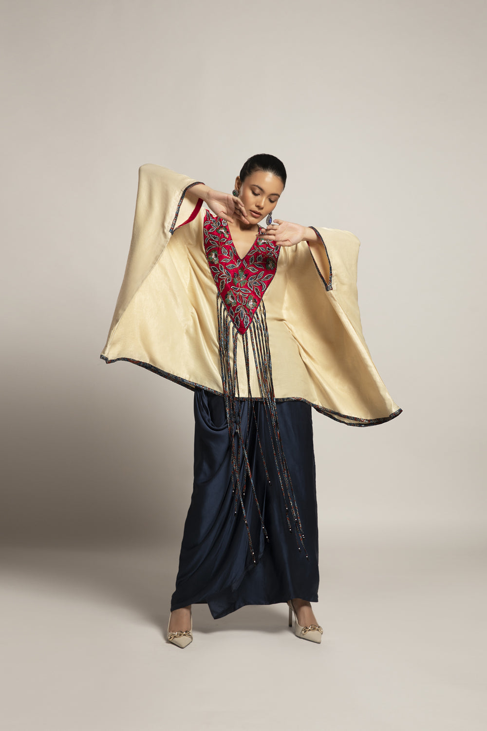 Ahami Beige Kaaftan With Navy Blue Drape Skirt