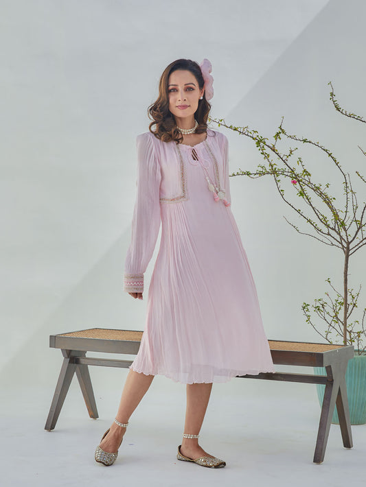 A-Line Baby Pink Embroidered Dress