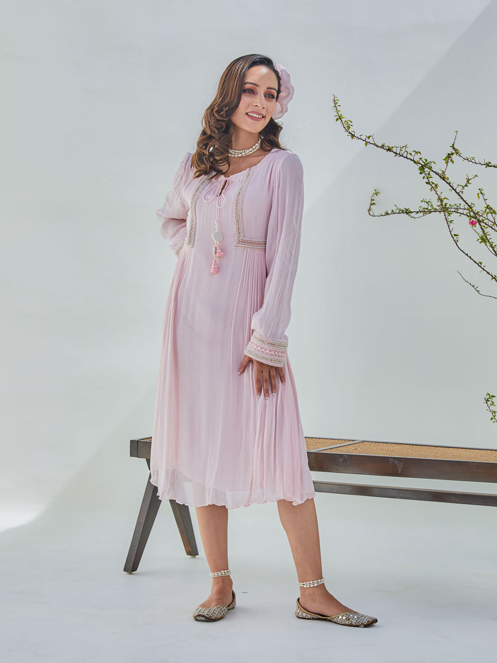 A-Line Baby Pink Embroidered Dress