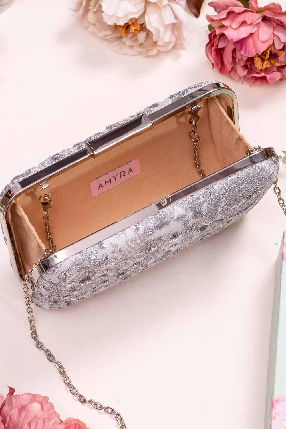 Silver Embroidered Box Clutch