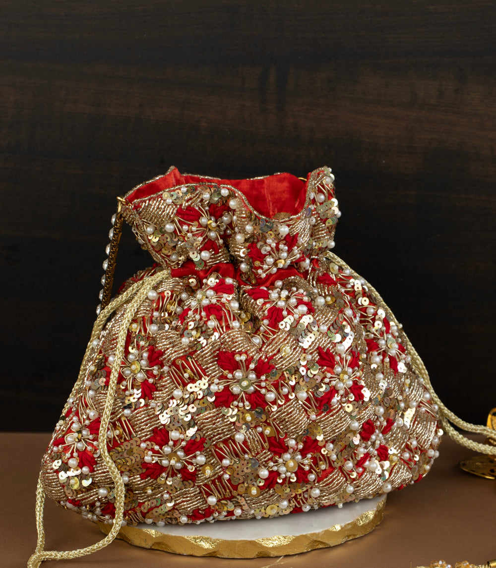 Red & Gold Silk Pearl Embroidered Potli Bag