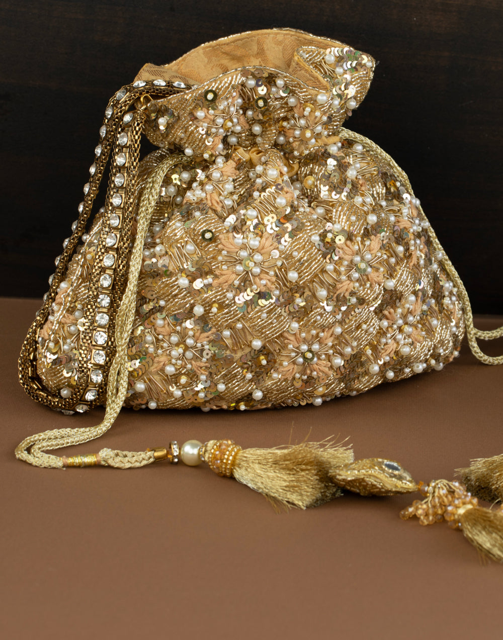 Gold Silk Pearl Embroidered Potli Bag