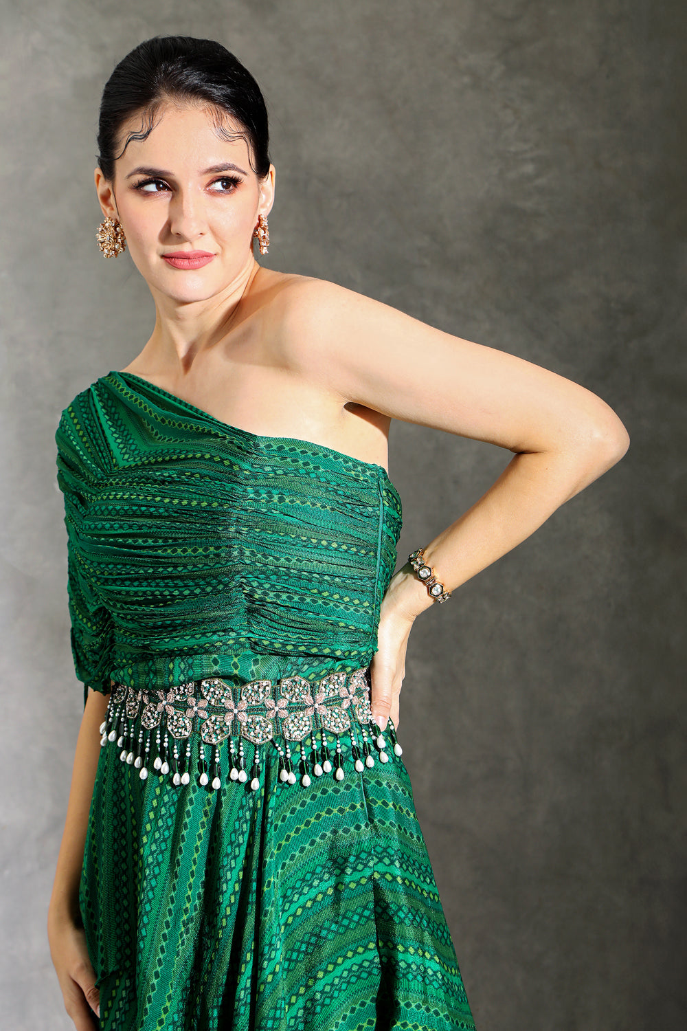 Green Dhari Printed One Shoulder Ruched Sharara Set