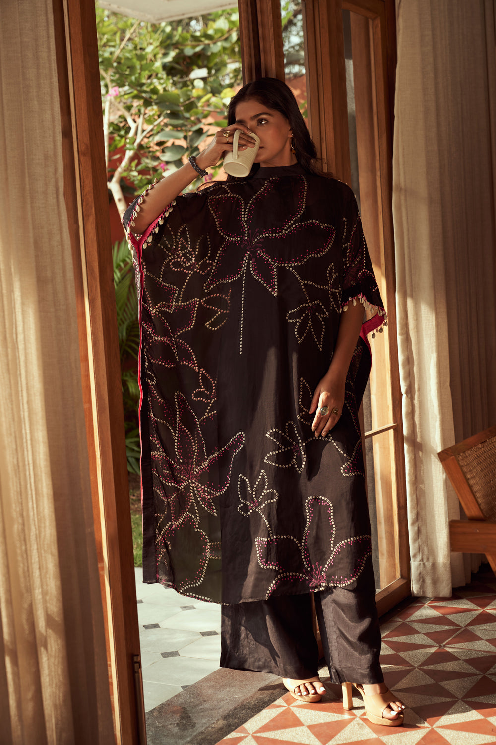 Black Bandhani Kaftan Set