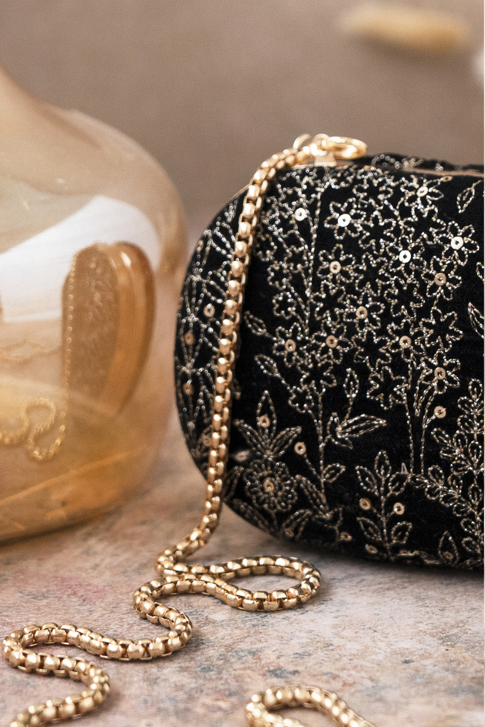 Thea Velvet Embroidered Clutch Black