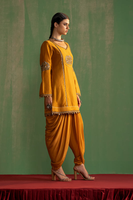 Mustard Hand Embroidered Kurta & Tulip Pant Set