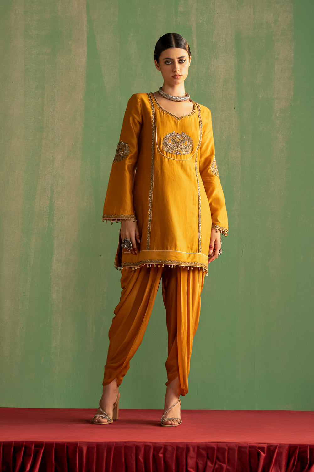 Mustard Hand Embroidered Kurta & Tulip Pant Set