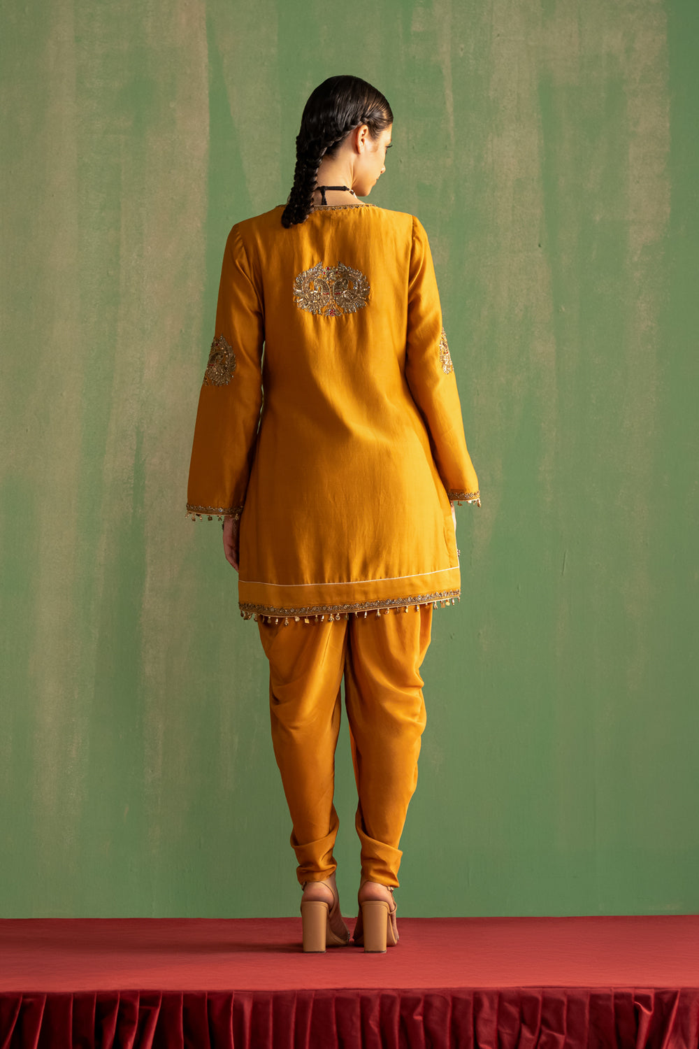 Mustard Hand Embroidered Kurta & Tulip Pant Set