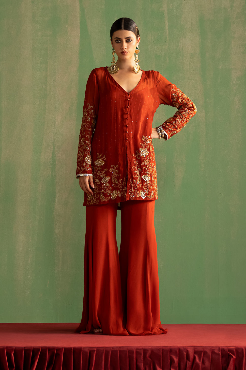 Rust Hand Embroidered Kurta & Gharara Set