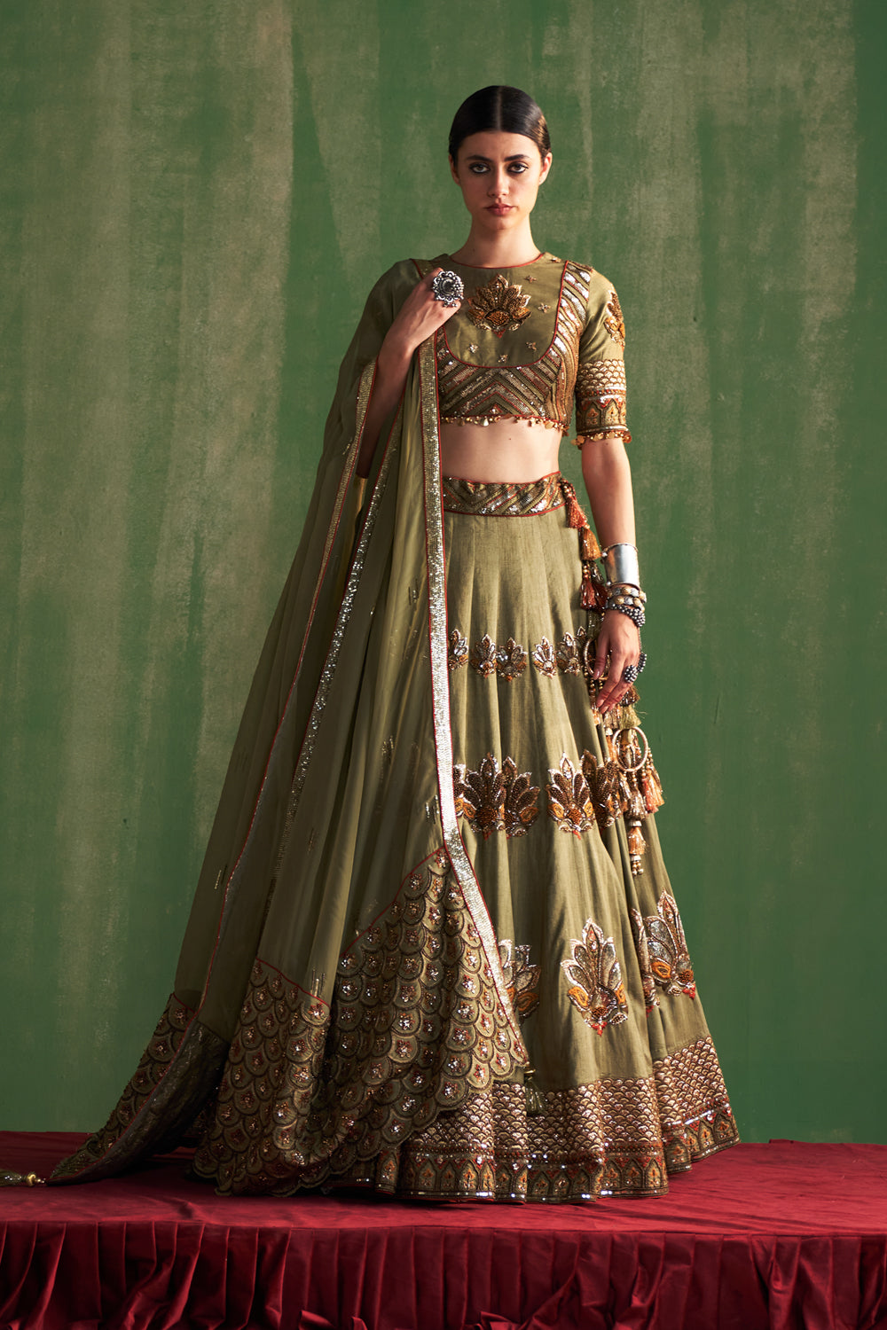 Green Hand Embroidered Lehenga Set