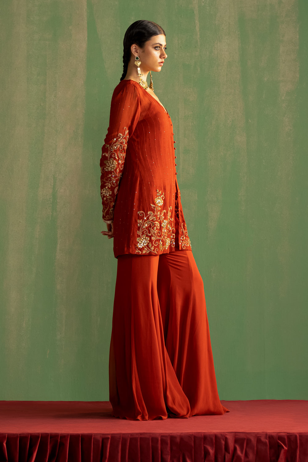 Rust Hand Embroidered Kurta & Gharara Set