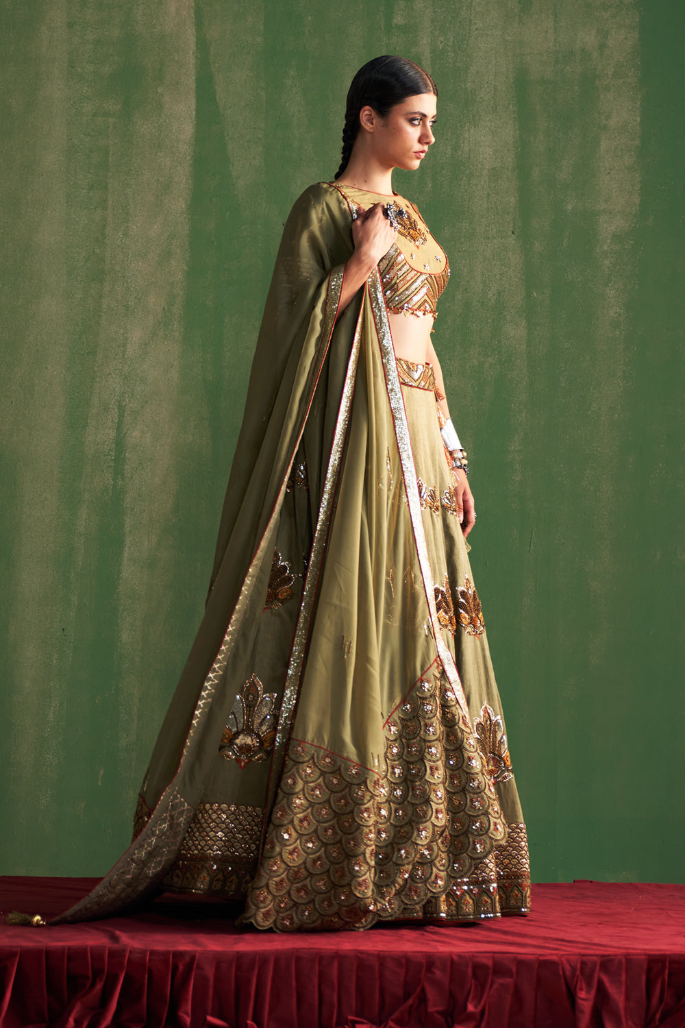 Green Hand Embroidered Lehenga Set