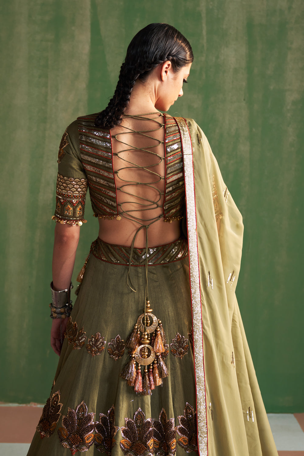 Green Hand Embroidered Lehenga Set