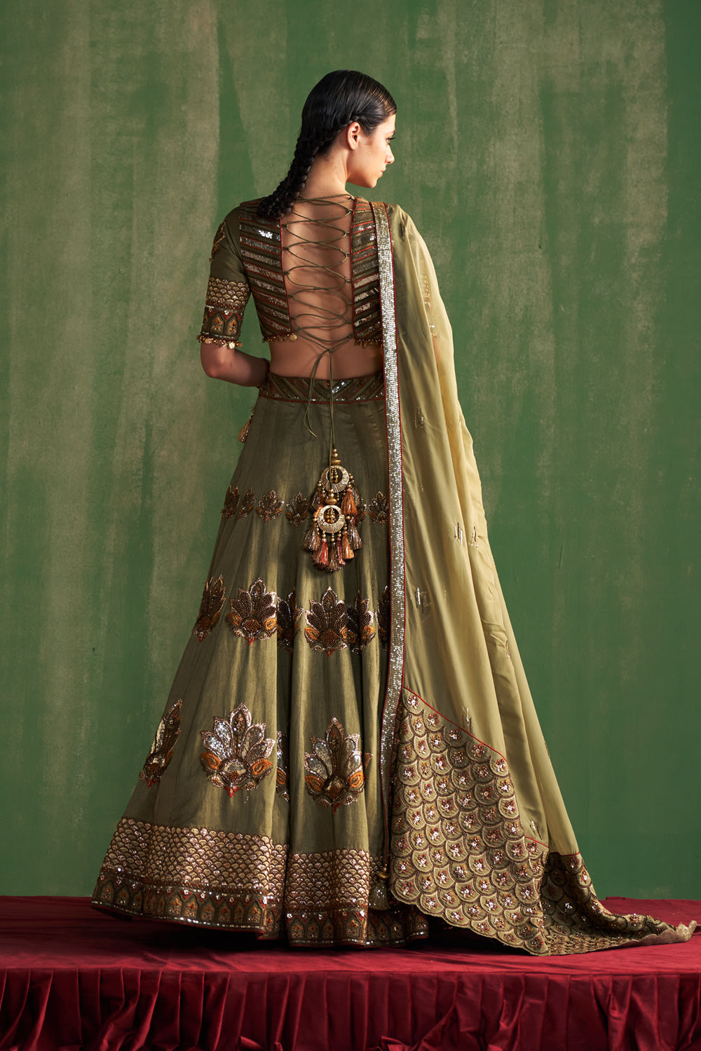 Green Hand Embroidered Lehenga Set