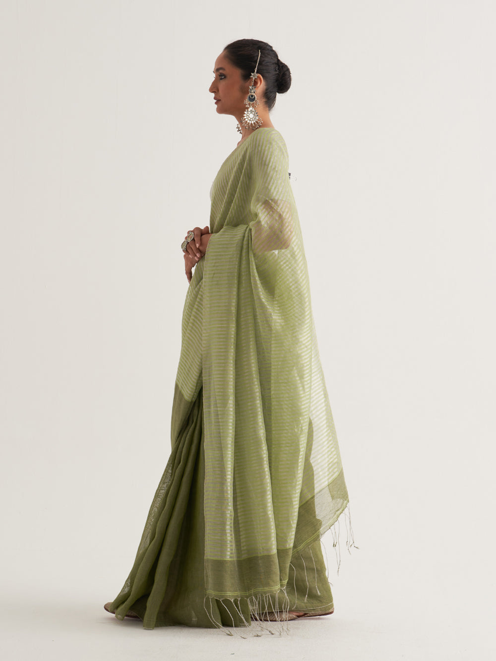 Silver & Green Stripes Saree