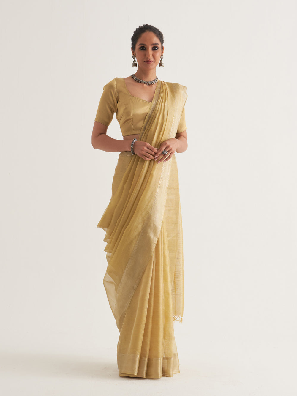 Yellow Silver Border & Stripes Saree