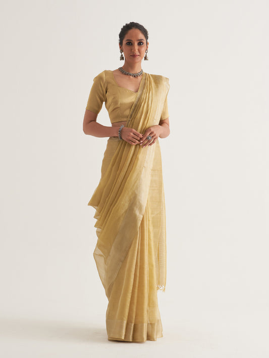 Yellow Silver Border & Stripes Saree