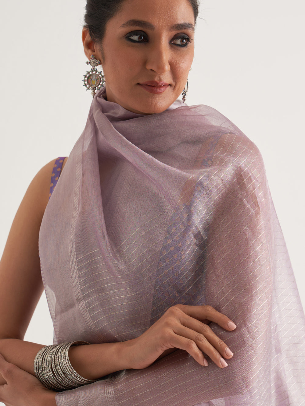 Lilac Silver Border & Stripes Saree