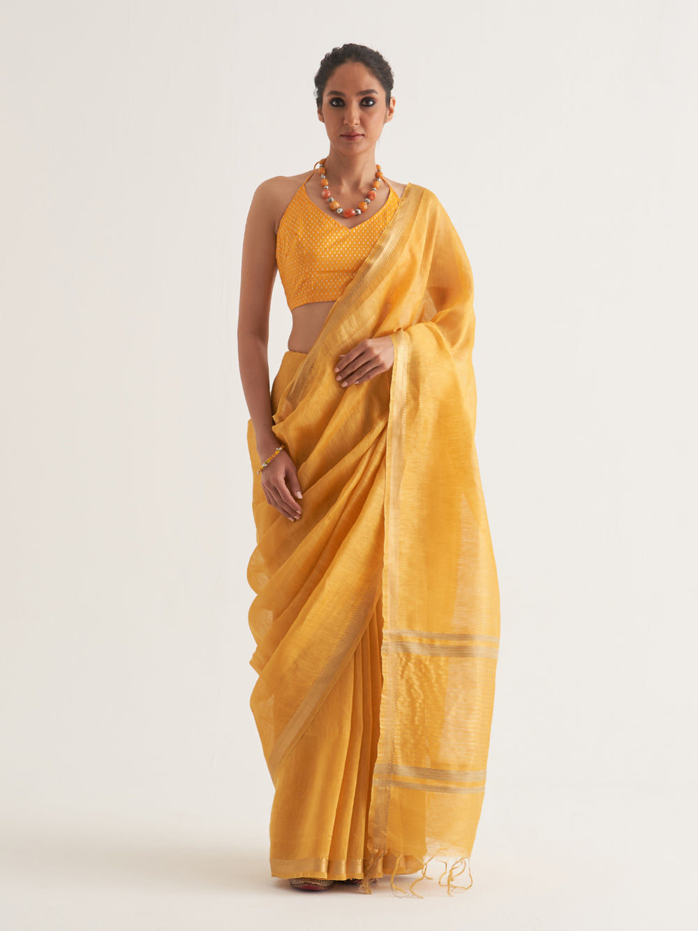 Yellow Gold Border & Stripes Saree