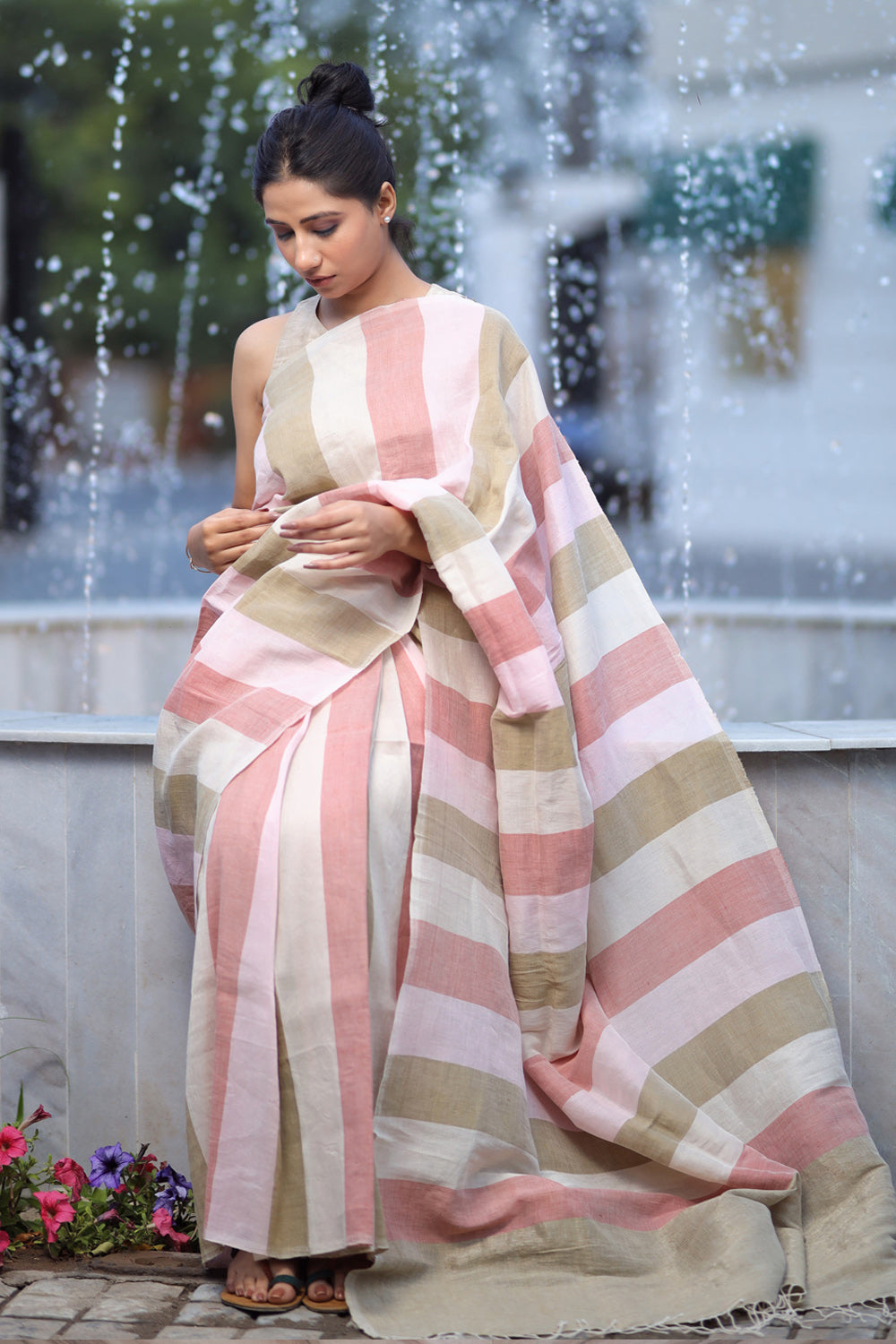 Multicolor Striped Linen Saree